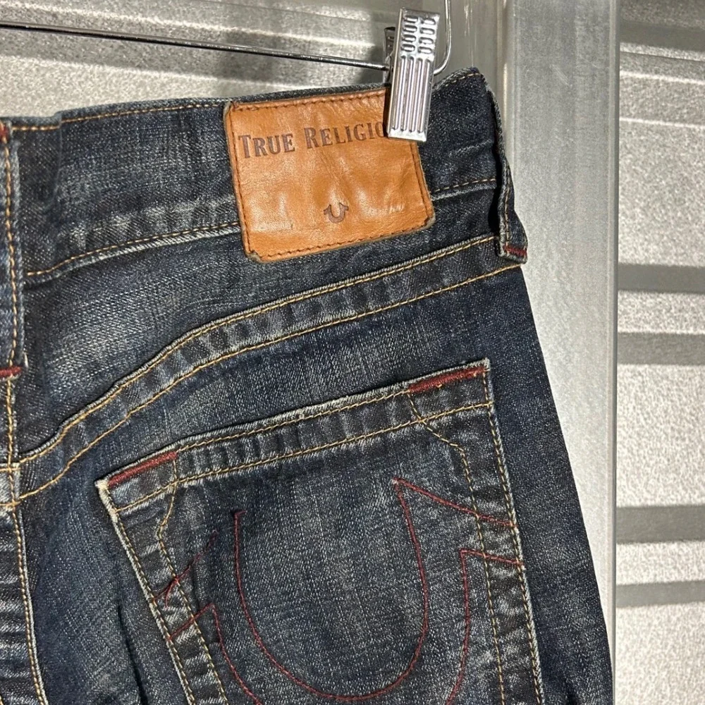 True Religion Geno Jeans Mens 30 Blue Relaxed Slim Dark Wash Raw Hem Streetwear